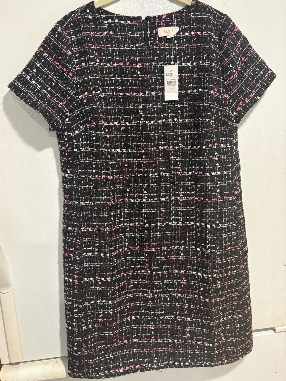 LOFT Black Tweed Midi Dress with Pink & White Accents